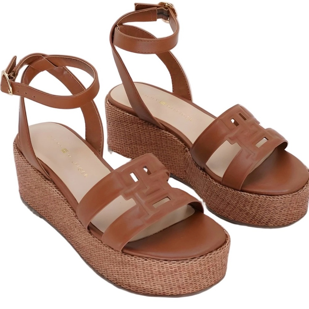 Tommy Hilfiger Vastie Raffia Platform Wedge Sandals Brown Women US 8.5 NOWT